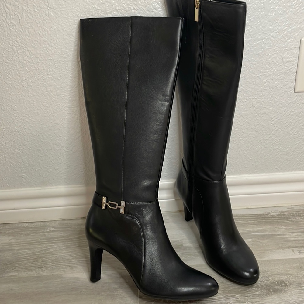 NIB Bandolino Lamari Black Leather Stiletto Heel Full Calf High Boots 6.5